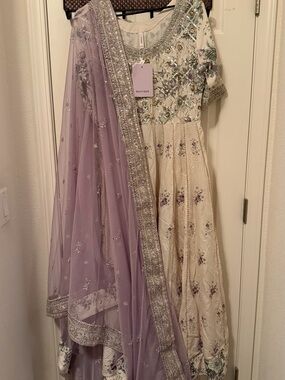 ETHNC PK Embroidered Ivory & Lilac Anarkali with Silver Detailing and dupatta